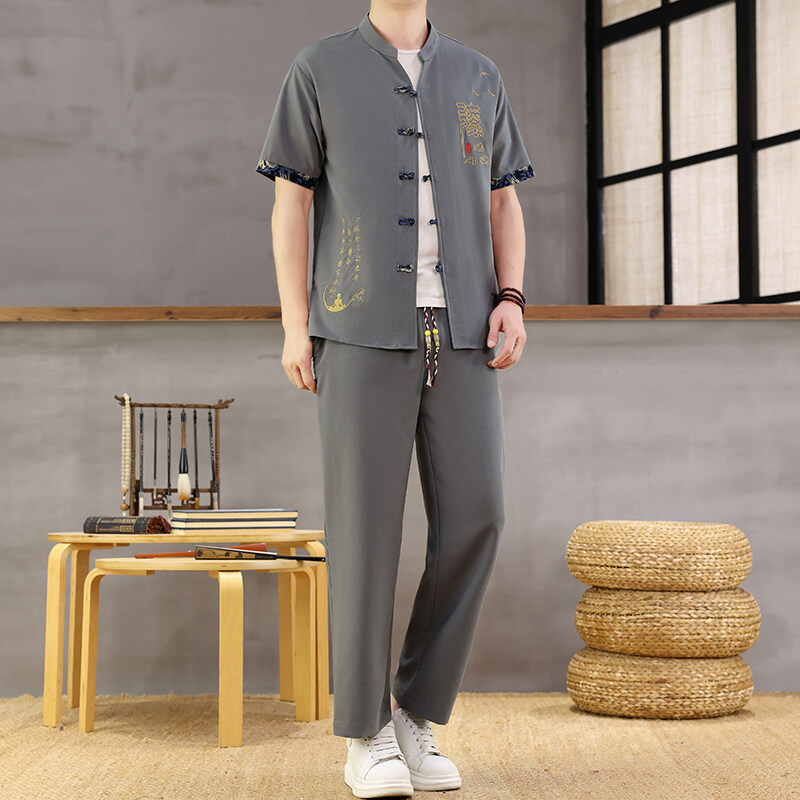 Cross-Border Y8360 Chinese Style Men's Summer Ice Silk Short-Sleeved Cardigan Men's Retro Han Dynasty Set Drop Shipping