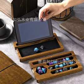 木质骰子磁吸固定收纳盒桌面游戏分格整理筛子储物盒带手机支架