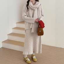 新款欧美亚马逊跨境外贸女装时尚麻花针织毛衣中长款半身裙两件套
