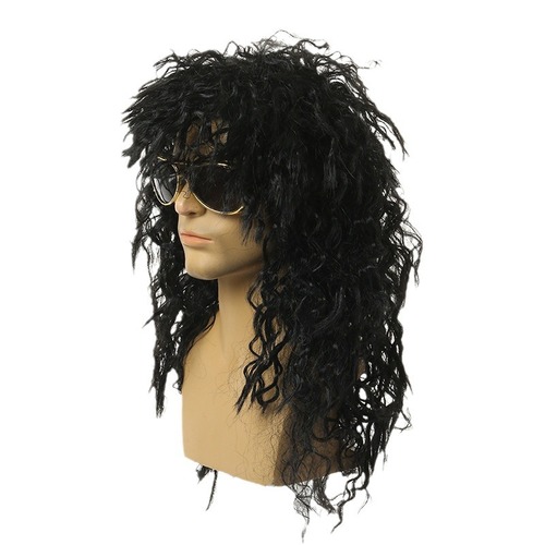 European and American Halloween Wigs for COS Play: Punk Black Men's Wig—Heavy Metal, Disco Party, or Rock 'n' Roll Style with Curly Waves