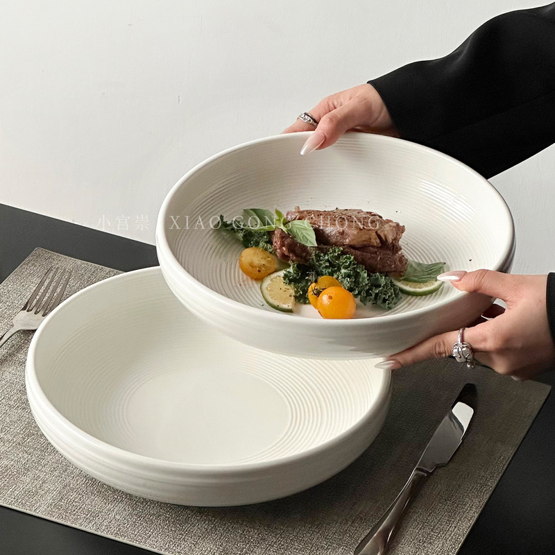 Pure White Line Pattern Deep Plate Ceramic Plate Western Restaurant Steak Pasta Plate High-End Salad Dessert Plate Soup Bowl Plate