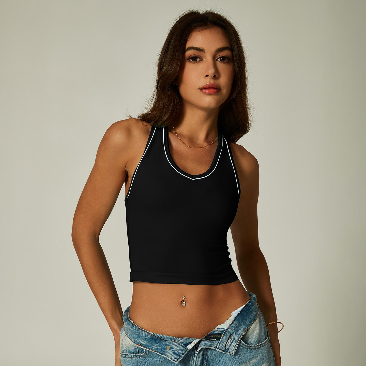 Europa y los Estados Unidos de nuevo color cruzado chaleco de cuello en V delgado camiseta sin mangas de cintura alta para correr camiseta deportiva