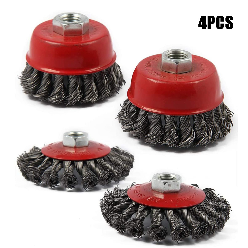 4件套75mm/100mm钢丝轮杯刷套装套件，磨光机角磨机M14内牙