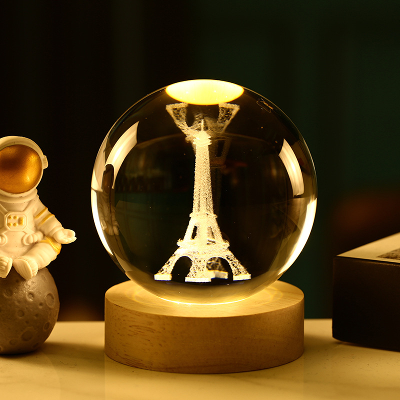 Bola de cristal 3D de la Vía Láctea — grabado interno luminoso con base de madera, luz nocturna decorativa creativa