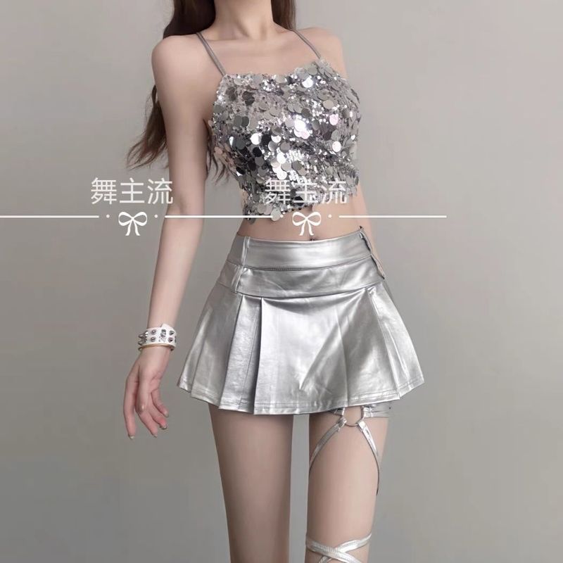 バーディーエース衣装新しい女性 DJ ネックステージシックなセクシーなホットガールシルバートップジャズダンスファッションスーツ|undefined