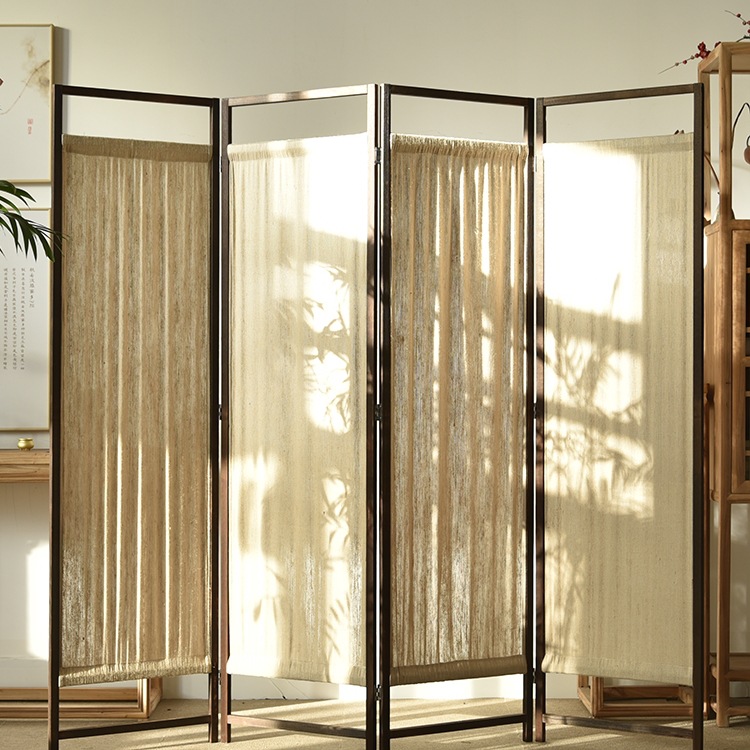 Chinese-Style Solid Wood Linen Screen Entrance Partition Retro Style Nostalgic Folding Screen Hotel Restaurant Tea Room Tea House Entrance M&