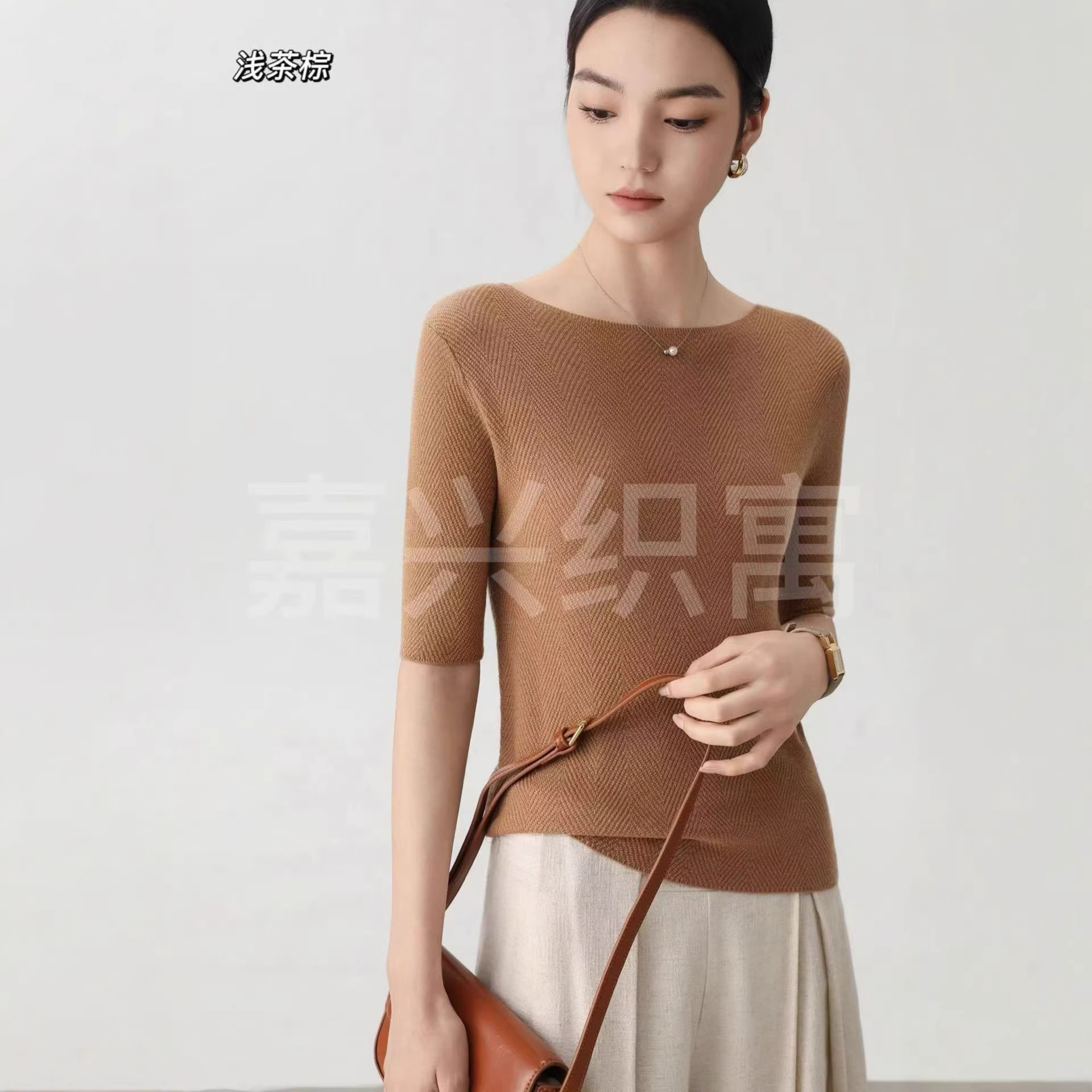 桑蚕丝羊毛莱赛尔上衣女2026夏季新款鱼骨纹针织衫一字领短袖T恤