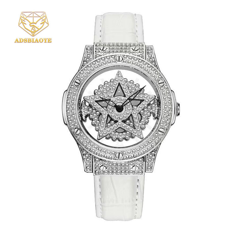 Full Diamond Luxury Five-Pointed Star Hollow-Out Quartz Watch for Women, Niche Ladies' Wristwatch with Large Dial, Hands + Numbers