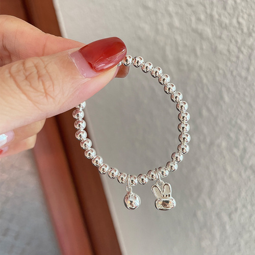 Children's silver bracelet Korean S925 cute round bead bunny bell DIY matching engraved anti-loss bracelet accessory