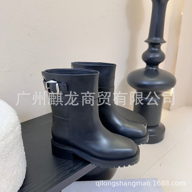 高端2025秋冬真皮圆头粗跟高筒骑士靴一脚蹬直筒马丁靴不过膝长靴|undefined