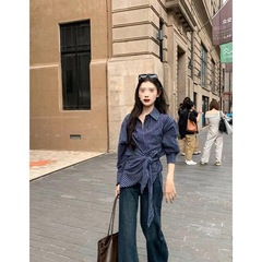 设计感小众不规则条纹衬衫女早秋季韩系修身显瘦收腰系带长袖衬衣