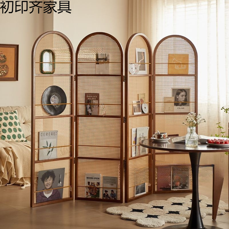 Nordic Style Rattan Screen Partition Art Storage Rack Electroplated Wood Removable Extension Living Room Space
