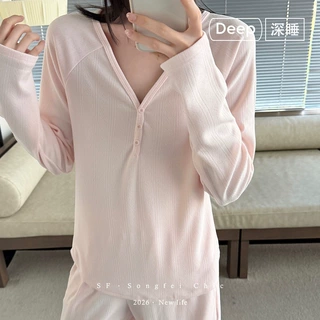 26新款BM提花磨毛深睡家居服女 亨利领长袖长裤套装女士居家睡衣