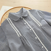 2025秋季文艺小I清新蕾丝花边娃娃领格子纯棉衬衫女长袖打底衫潮