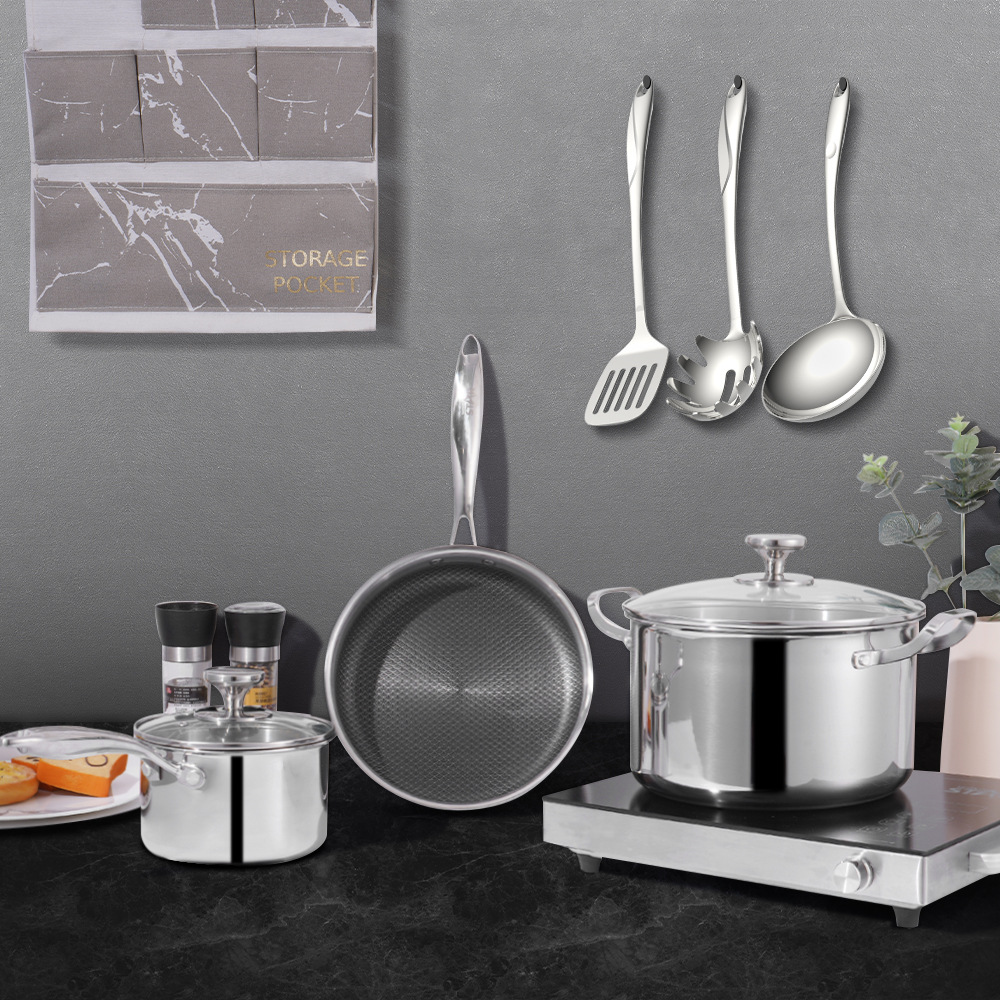 Estrella ganadora comercio exterior en stock fábrica hogar sopa olla leche olla 304 olla de acero inoxidable conjunto de tres piezas