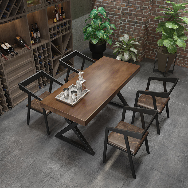 Vintage Bar Barbecue Bar Music Restaurant Iron Industrial Style Solid Wood Dining Table Rectangular Cafe Table and Chair Combination