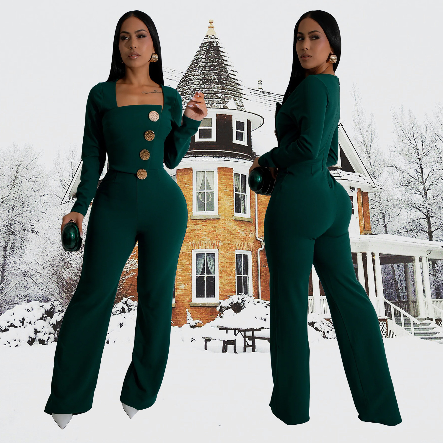 C7201 Cross-border AliExpress Amazon Pantalones de brazo de manga larga para mujer de moda europea y americana Mono delgado de color sólido