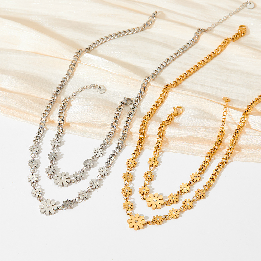 Fashion Flower Stainless Steel Titanium Steel Plating Inlay Zircon Bracelets Necklace