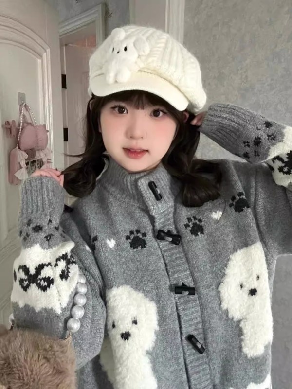 慵懒风卡通单排扣毛衣开衫女秋季新款韩版宽松针织外套|undefined