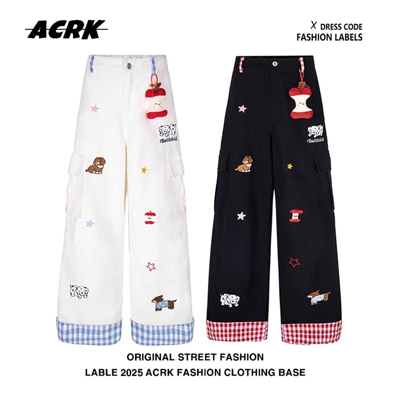 American Retro Plaid Cuffed Fun Hip-Hop Cute Cargo Pocket Pants Unisex Summer Embroidered Wide-Leg Pants