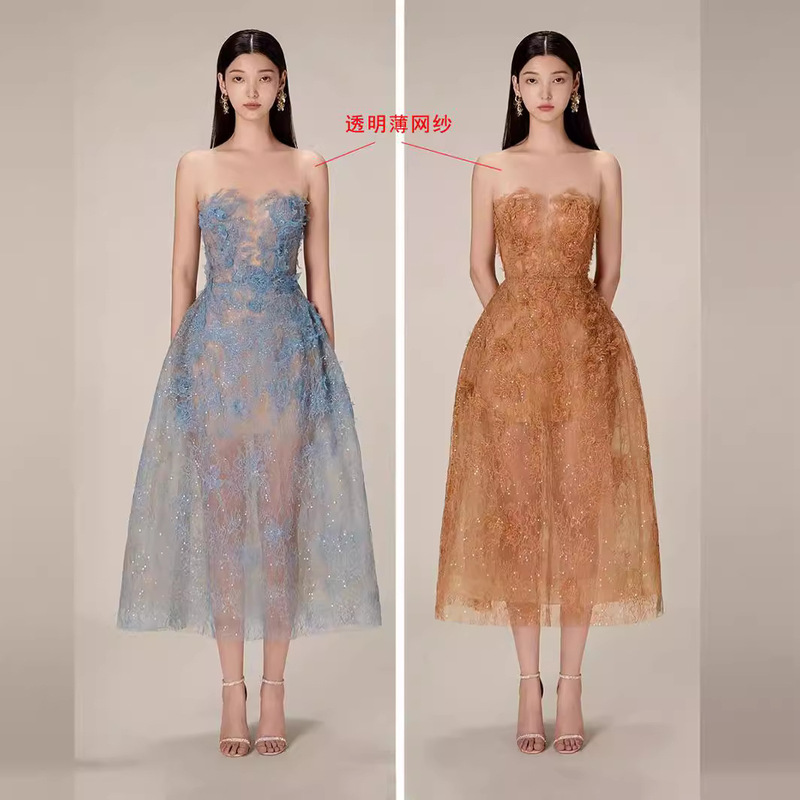 Spot Accessible Luxury Niche Lace Dress Vietnamese Designer Stereo Flower Sequin See-Through Tube Top 30183