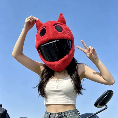 Cross-border quirky and unique motorcycle helmet cover, little devil plush helmet cover, anti-scratch cartoon protective helmet (Motosiklet dəbilqələri) - red-demon-without-helmet