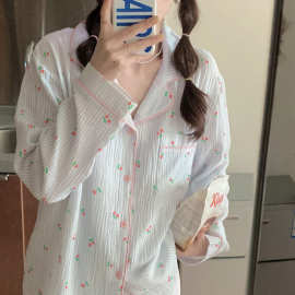 实拍2023春季新款条纹樱桃长袖睡衣套装舒适棉质透气家居服女批发