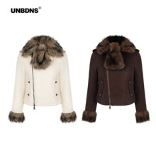 UNBDNS深棕色秋冬毛领夹棉外套女修身显瘦短款设计感小众夹克上衣