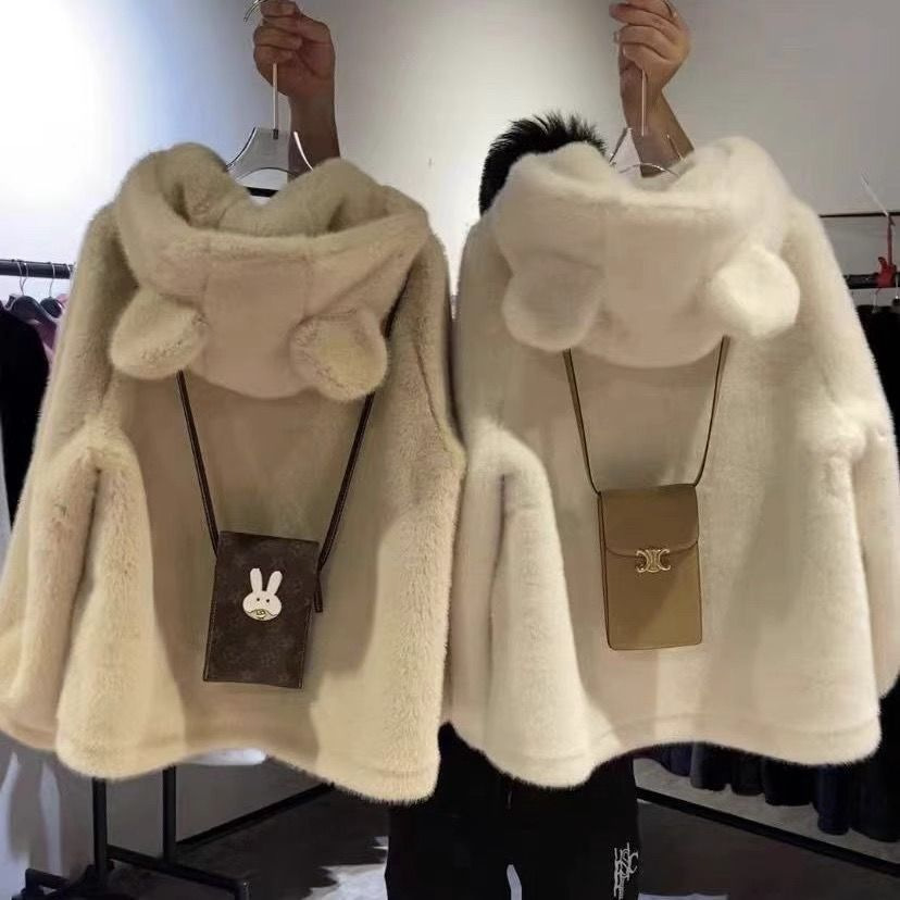 Winter Cute Bear Ears New Style Large White Bear Outerwear European Mink Gold Mink Velvet Eco-Friendly Fur Mid-Length Hooded Coat