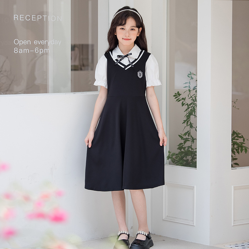Children's Skirt, Kids' Shirt Collar Dress, Fake Two-Piece Set, Elementary School Student Clothing, 2026 Summer Outfit, Girls' Preppy Style Skirt