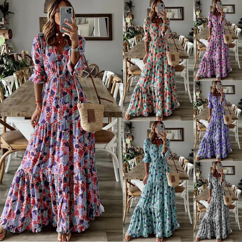 2023 Amazon TEMU Summer New European and American Women's Elegant Vacation V-Neck Printed Large Swing Long Dress
