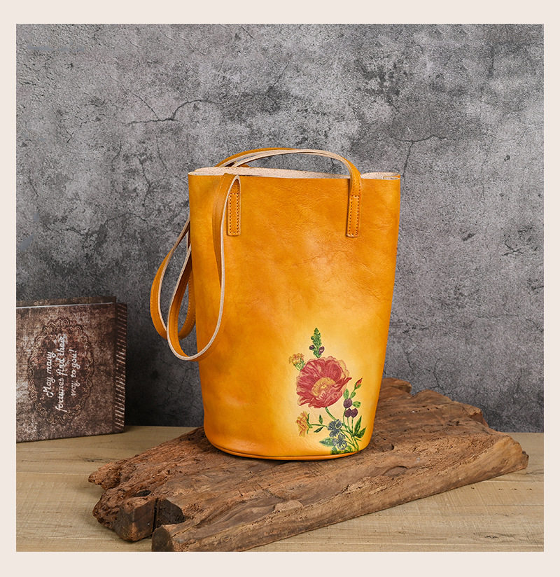 Túi bucket da bò vẽ tay phong cách cổ điển, quai đeo vai — Vàng cổ điển, Nâu cổ điển, Xám cổ điển, Màu trắng be chi tiết 17