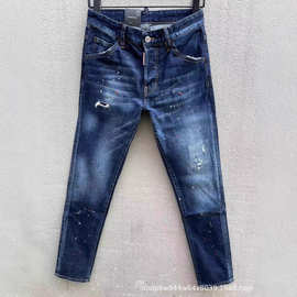 C079外贸D2男士牛仔裤做旧水洗油漆破洞补丁紧休闲复古潮流版型