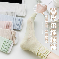 莫代爾堆堆襪子女春夏季薄款網眼透氣無骨縫合女中筒襪日系襪批發