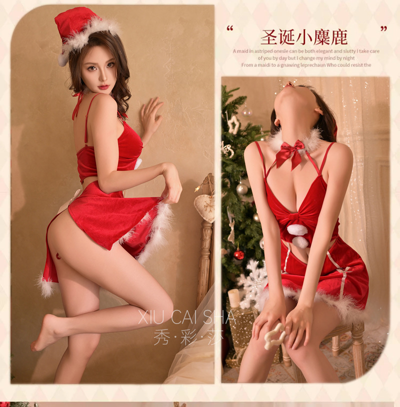 Bunny Girl Christmas Lingerie Costume Set with Hat and White Bow Stockings — detail image 8