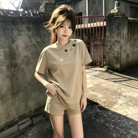 2026新款夏季猫爪印花宽松短袖T恤男女款百搭休闲时尚上衣