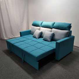 现代简约浅蓝色棉麻小户型双拖床客厅卧室折叠头枕多功能沙发床