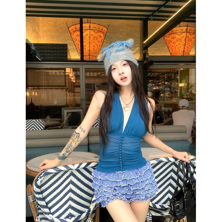 潮流甜辣风挂脖褶皱纽扣背心女秋季2025新款修身显瘦薄款露背上衣|undefined