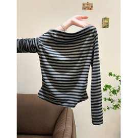 条纹一字肩长袖T恤女2025春秋季新款修身韩版打底衫内搭外穿上衣