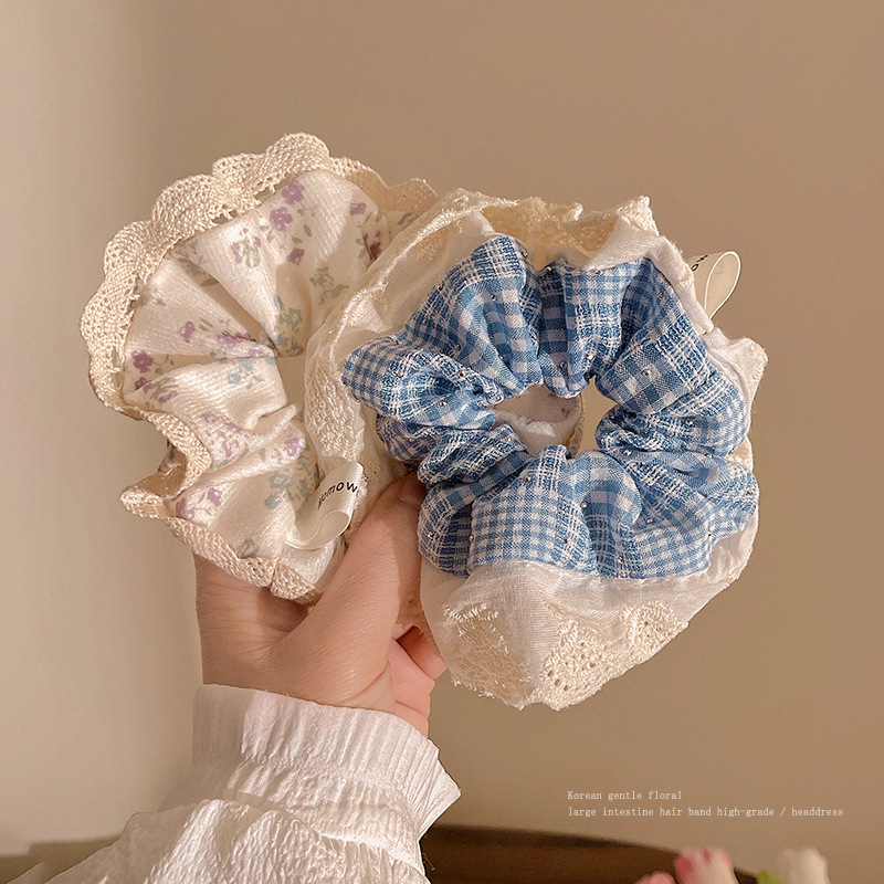 Encaje coreano suave, lazo para el cabello de intestino grueso floral, cuerda para el cabello de alta calidad femenina, cuerda para el cabello, alta elasticidad y cuerda para el cabello duradera, no daña el cabello