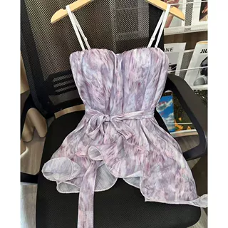 纯欲气质度假风紫色抹胸背心女夏季新款抽褶收腰浪漫感小上衣