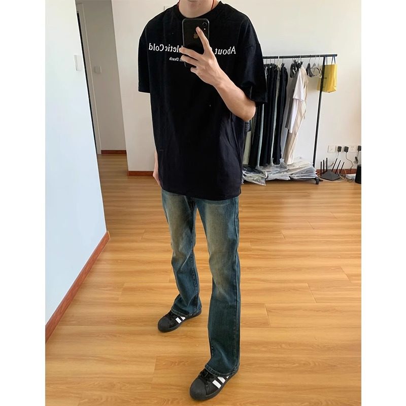 American Retro Straight-Leg Cleanfit Slightly Flared Slim-Fit Jeans for Men, High Street Fashion Brand Versatile Vintage Pants