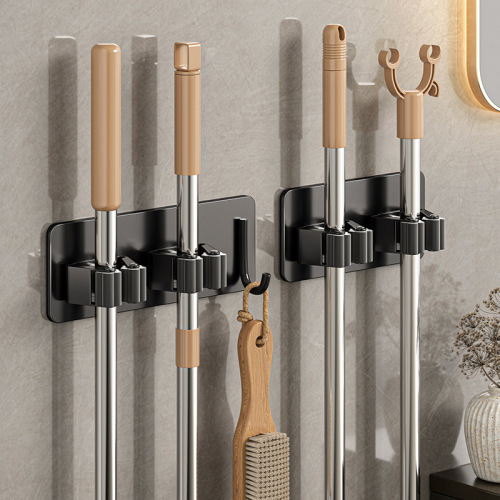 Mop hook stainless steel punch-free bathroom storage sticky hook broom hanger strong adhesive wall hanging mop clip