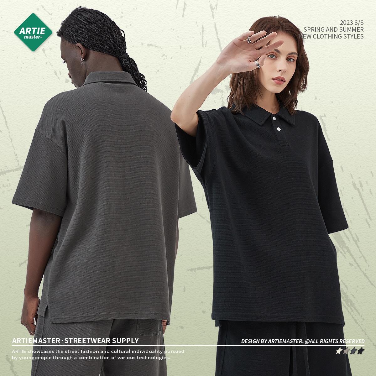 ARTIE hombres Slim 2024 Primavera/Verano Nuevo 330g patrón de diamante waffle solapa split suelta manga corta Camiseta