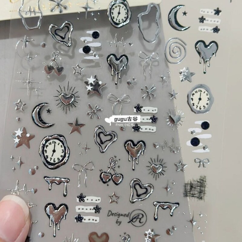 2025 New Liquid Metal Heart Nail Art Stickers Ins Clock Stars Sweet Cool Y2K Sexy Nail Stickers with Adhesive Backing
