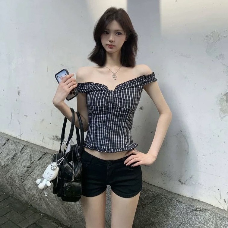 韩系纯欲风格纹一字肩衬衫女装早秋新款辣妹独特别致两穿无袖上衣|undefined
