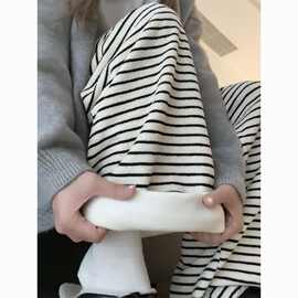 加绒黑白条纹阔腿裤女秋冬高腰垂感宽松直筒休闲慵懒小个子针织裤
