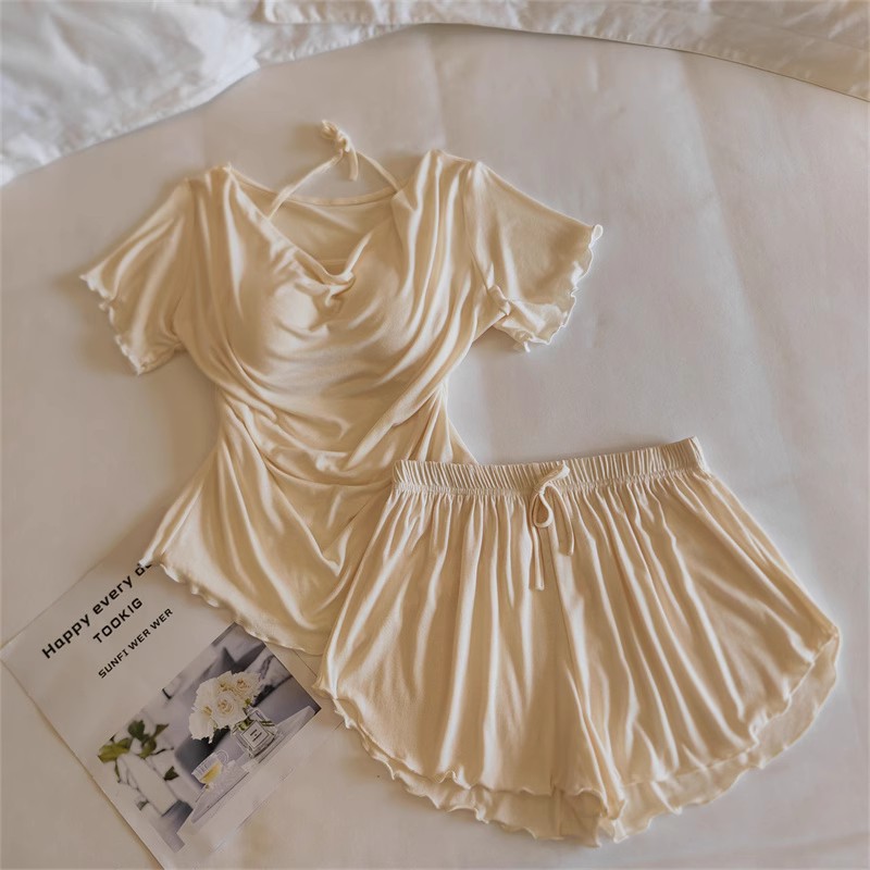 33027.2#부드러운 커스터드(고정 가슴 패드 포함) 반팔 + 반바지