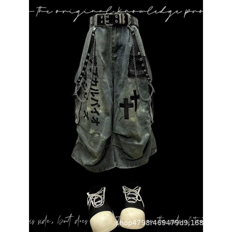 Japanese-Style Dark Seven-Point Denim Pants for Men and Women, New Summer Model, Post-Apocalyptic Style, Distressed, Wrinkled, Patchwork Wide-Leg Mid-Length Pants Japanese-Style Dark Seven-Point Denim Pants for Men and Women, New Summer Model, Post-Apocalyptic Style, Distressed, Wrinkled, Patchwork Wide-Leg Mid-Length Pants