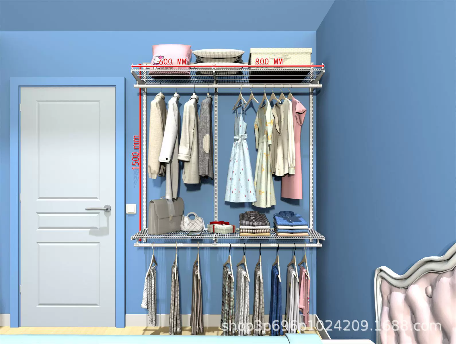 金属网置物架走步入式开放衣帽间衣橱柜储物间收纳宽度140厘米